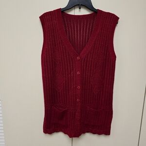 Vintage Knit Sleeveless Cardigan Red M/L Longline Sweater Vest Pointelle Pockets